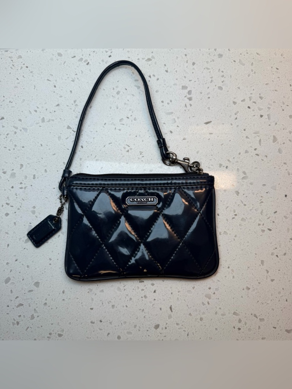 Coach Poppy Navy Patent Leather Quilted Wristlet Mini Bag Silver Hardware
